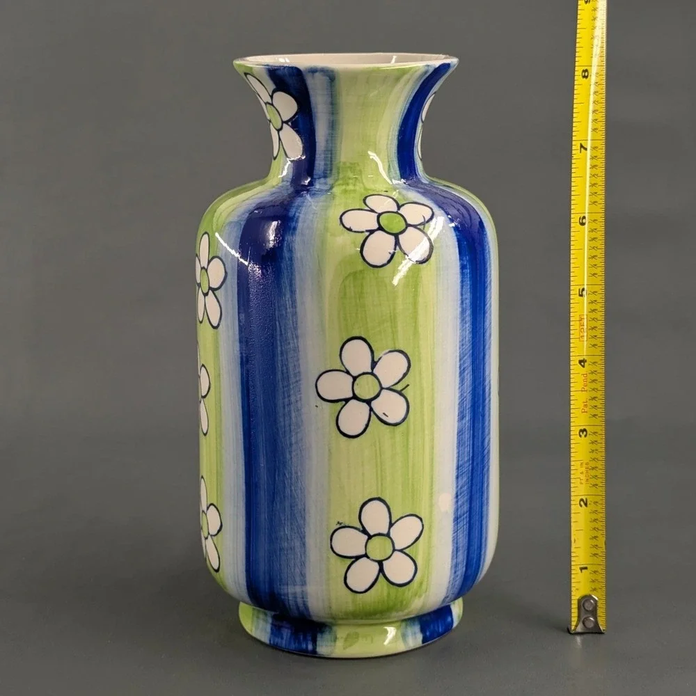 Hand Painted Ceramic Floral Vase Blue Green Striped Daisy Pottery 8 Inch